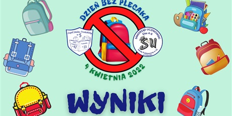 Powiększ grafikę: Na niebieskim tle widoczne są kolorowe obrazki plecaków. Na środku napis: dzień bez plecana 4 kwietnia 2022, przekreślony plecak oraz logo szkoły i samorządu uczniowskiego.